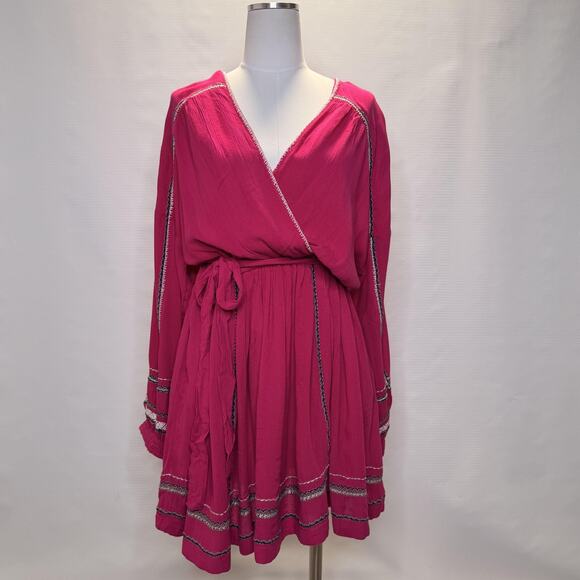 Free People Dress Womens Small Malibu Pink Wrap Boho Embroidered Mini OB1140508 - Picture 1 of 12